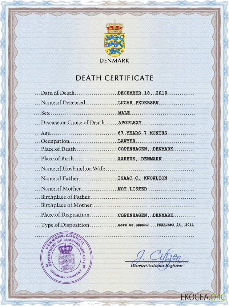 Modèle PSD de certificat de décès de l'état civil du Danemark